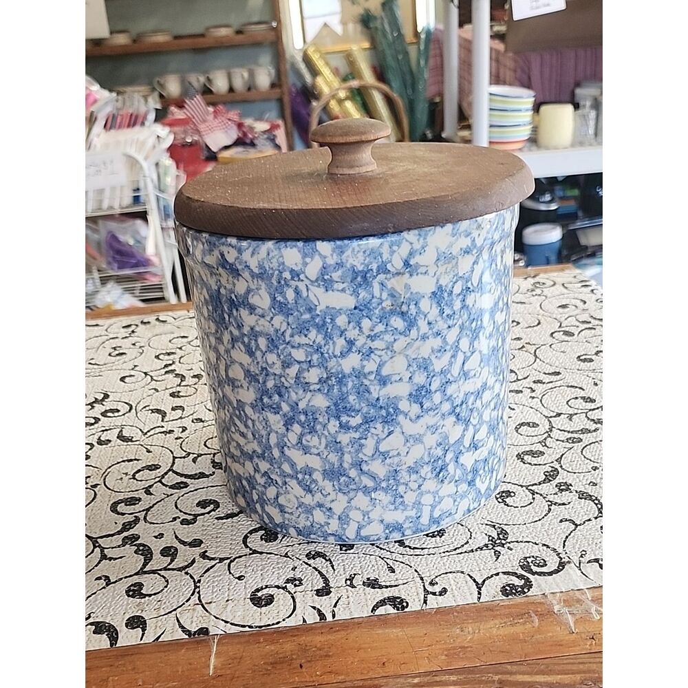 Blue and White Spongeware Canister with Wooden Lid